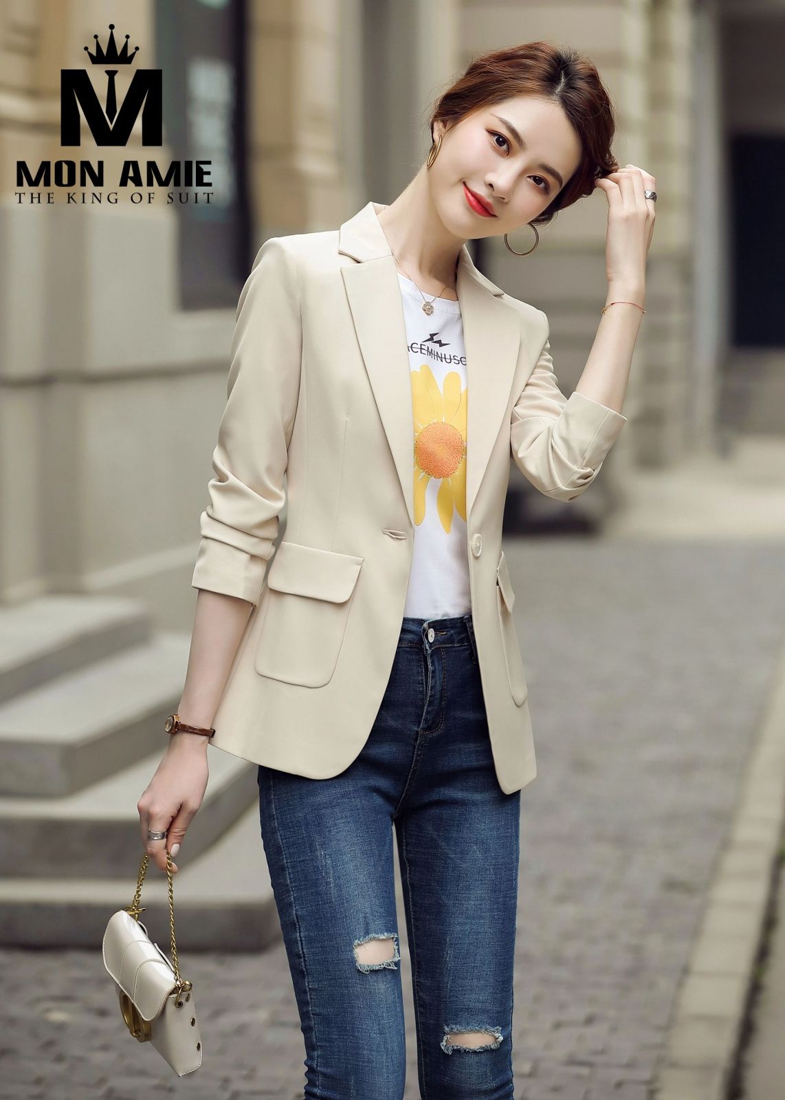 Beige Business Blazer With Patched Pockets 